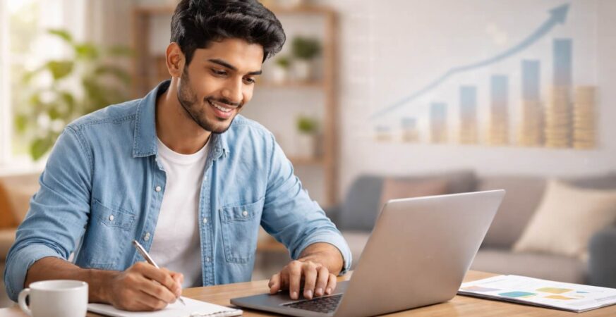Young Indian beginner learning investment on laptop with notebook and financial planning concept