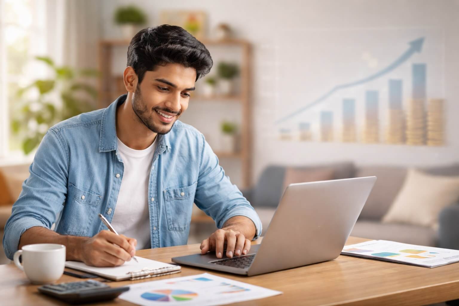 Young Indian beginner learning investment on laptop with notebook and financial planning concept