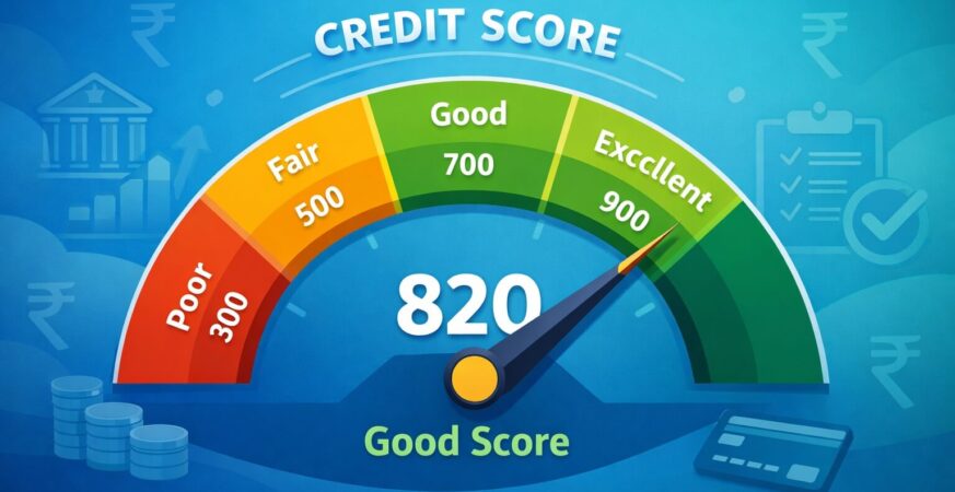 CIBIL स्कोर मीटर 300 से 900 रेंज में, अच्छा क्रेडिट स्कोर दिखाते हुए