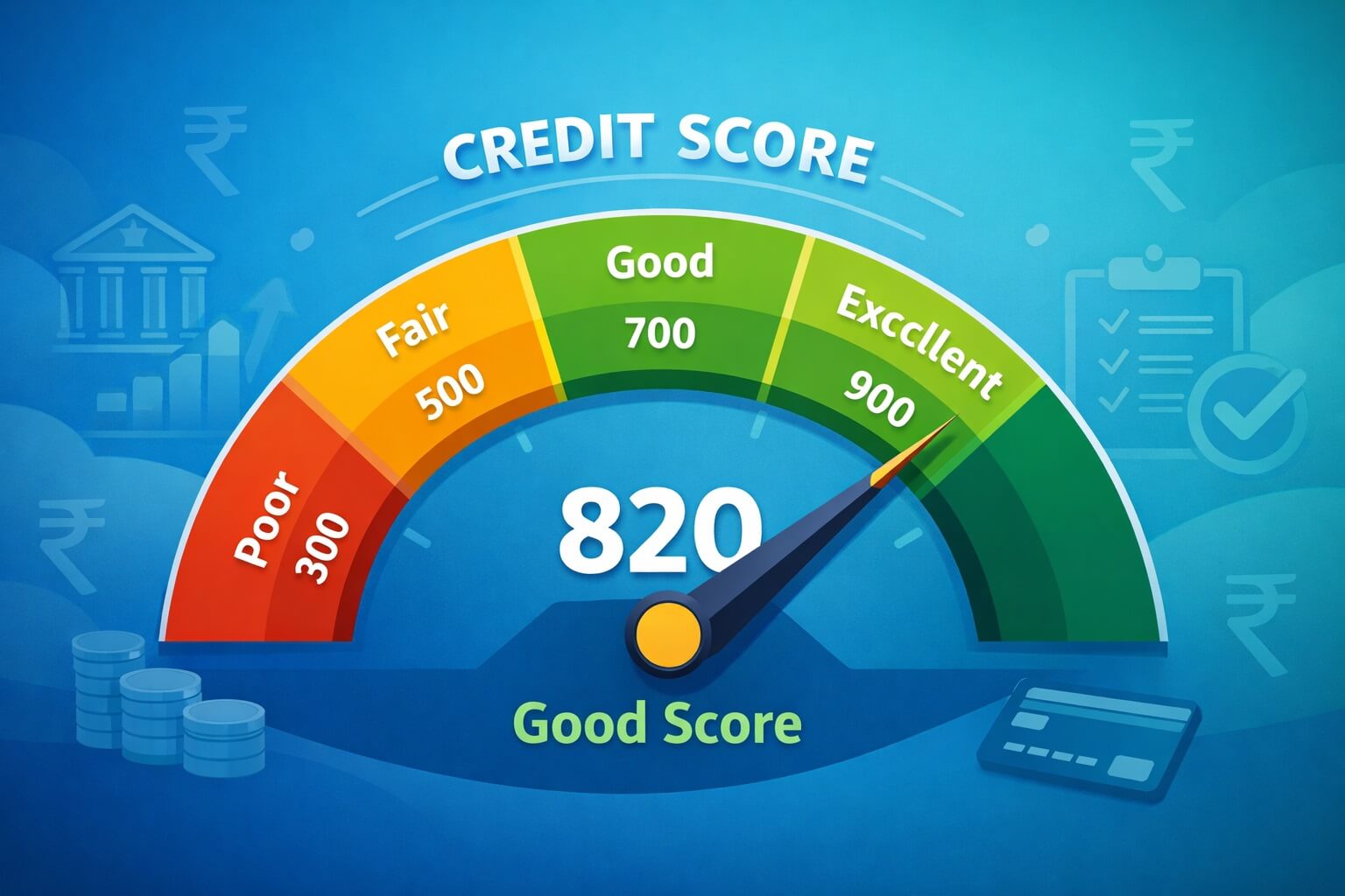 CIBIL स्कोर मीटर 300 से 900 रेंज में, अच्छा क्रेडिट स्कोर दिखाते हुए