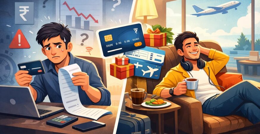 एक व्यक्ति क्रेडिट कार्ड से भुगतान करते हुए बिल देखकर परेशान है, जबकि वही व्यक्ति एयरपोर्ट लाउंज में आराम से बैठा है — क्रेडिट कार्ड उपयोग, फायदे और वित्तीय समझ का कॉन्सेप्ट