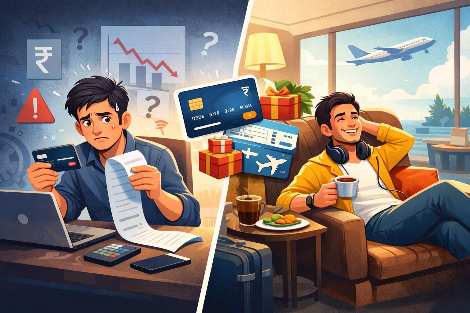 एक व्यक्ति क्रेडिट कार्ड से भुगतान करते हुए बिल देखकर परेशान है, जबकि वही व्यक्ति एयरपोर्ट लाउंज में आराम से बैठा है — क्रेडिट कार्ड उपयोग, फायदे और वित्तीय समझ का कॉन्सेप्ट