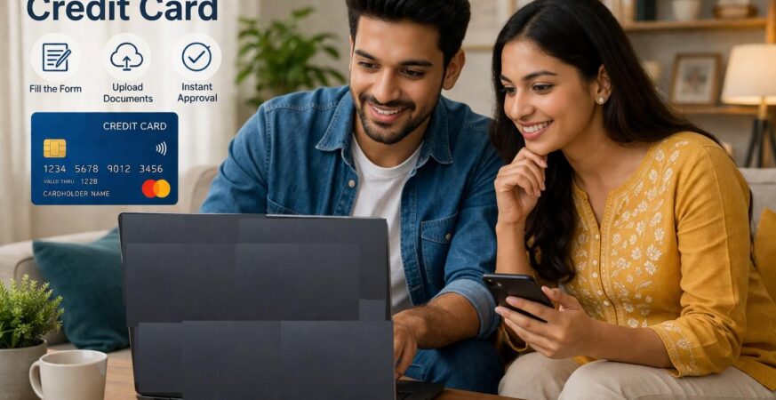 indian couple applying for credit card online using laptop and smartphone with application form and credit card icon visible in modern home setting