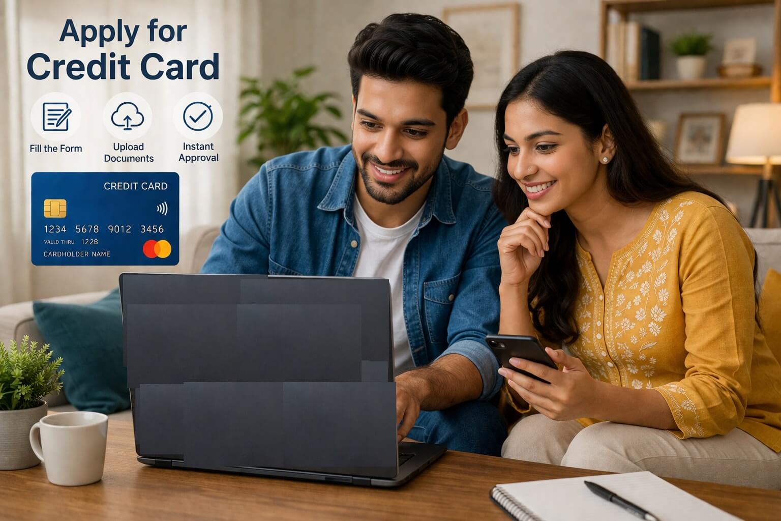 indian couple applying for credit card online using laptop and smartphone with application form and credit card icon visible in modern home setting
