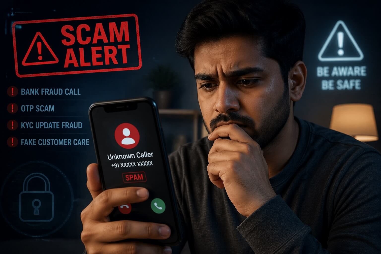 फेक कॉल से परेशान व्यक्ति मोबाइल पर spam कॉल देखते हुए