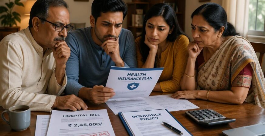 भारतीय परिवार health insurance plan पर चर्चा करते हुए, टेबल पर मेडिकल बिल और बीमा दस्तावेज, financial planning concept