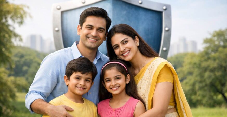 Life Insurance Guide in Hindi showing family financial protection and term insurance concept