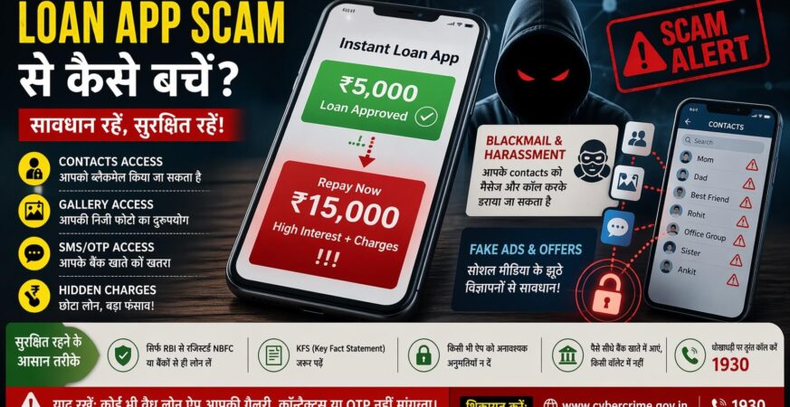 लोन ऐप स्कैम का दृश्य जिसमें ₹5000 लोन को ₹15000 repayment में बदलते हुए और डेटा चोरी व ब्लैकमेल का खतरा दिखाया गया है