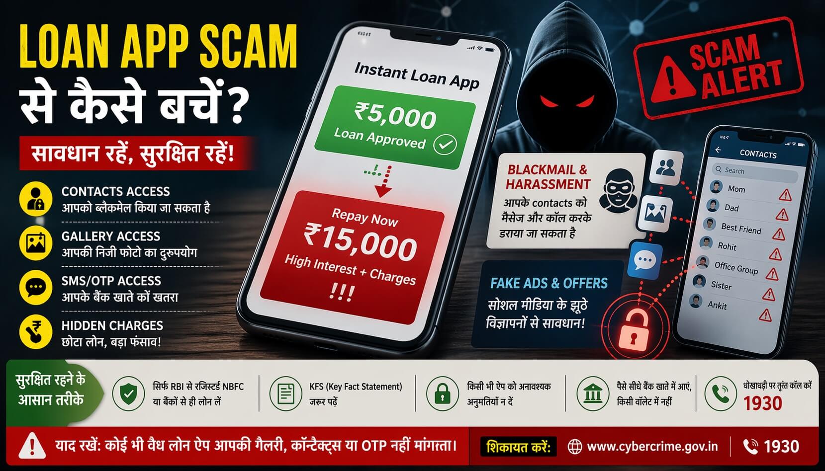 लोन ऐप स्कैम का दृश्य जिसमें ₹5000 लोन को ₹15000 repayment में बदलते हुए और डेटा चोरी व ब्लैकमेल का खतरा दिखाया गया है