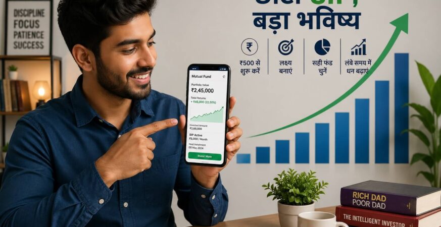 मोबाइल से SIP के जरिए म्यूचुअल फंड निवेश करता हुआ भारतीय निवेशक, बैकग्राउंड में ग्रोथ चार्ट