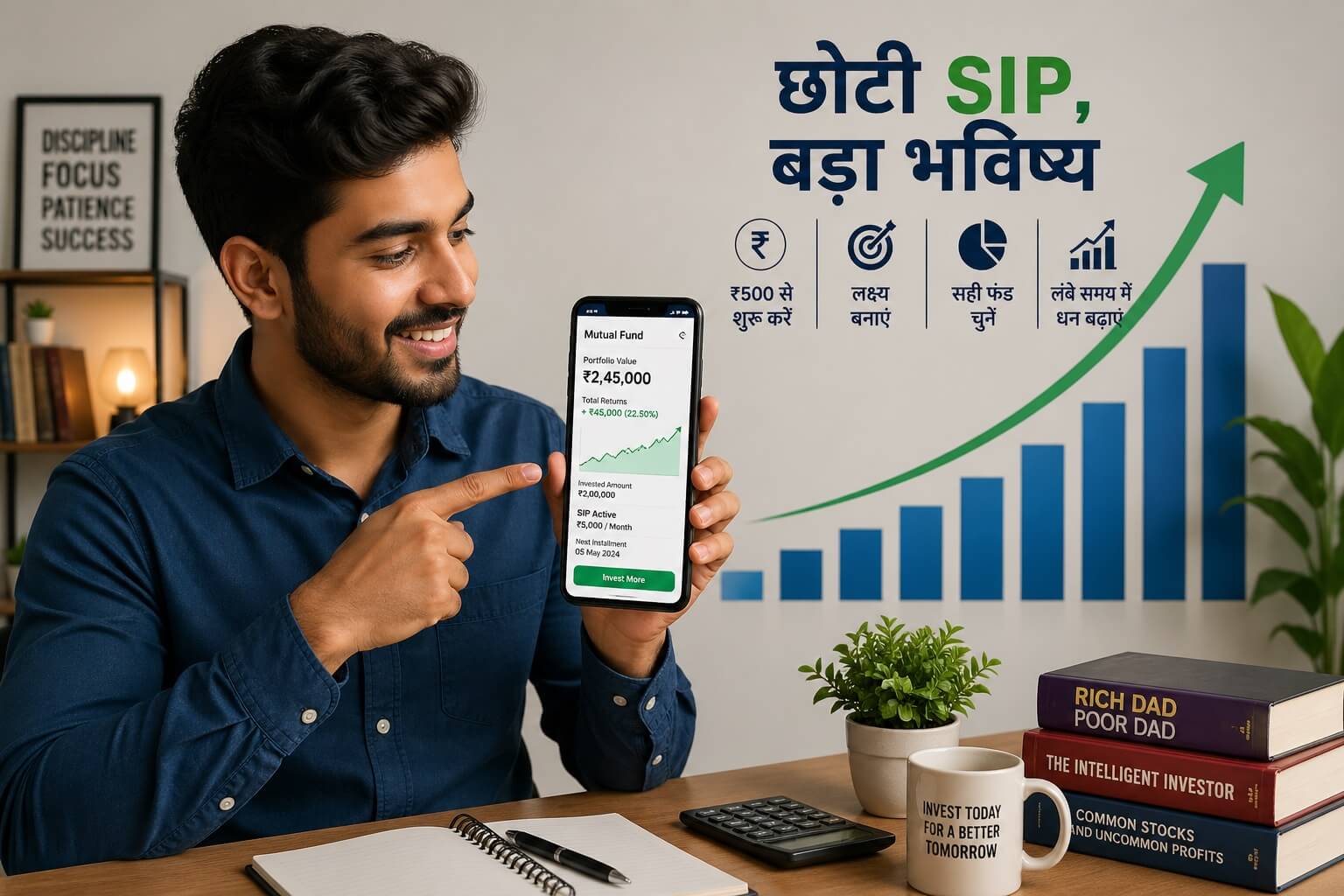मोबाइल से SIP के जरिए म्यूचुअल फंड निवेश करता हुआ भारतीय निवेशक, बैकग्राउंड में ग्रोथ चार्ट