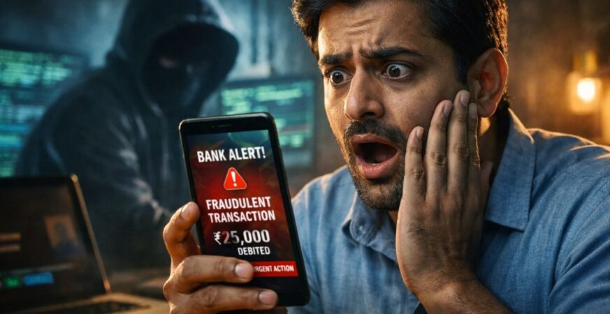 एक भारतीय व्यक्ति मोबाइल बैंकिंग धोखाधड़ी अलर्ट देखकर हैरान रह गया, जिसमें बैकग्राउंड में हैकर की परछाई के साथ ₹25,000 का एक अनाधिकृत लेन-देन दिखाया गया था।