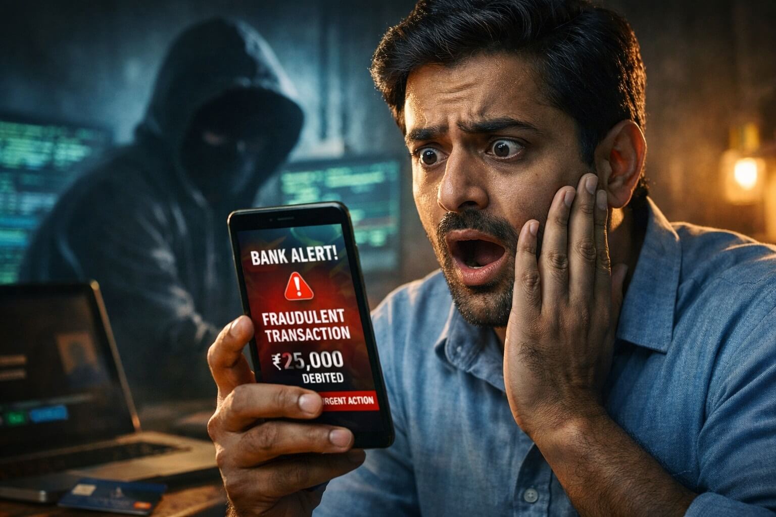 एक भारतीय व्यक्ति मोबाइल बैंकिंग धोखाधड़ी अलर्ट देखकर हैरान रह गया, जिसमें बैकग्राउंड में हैकर की परछाई के साथ ₹25,000 का एक अनाधिकृत लेन-देन दिखाया गया था।