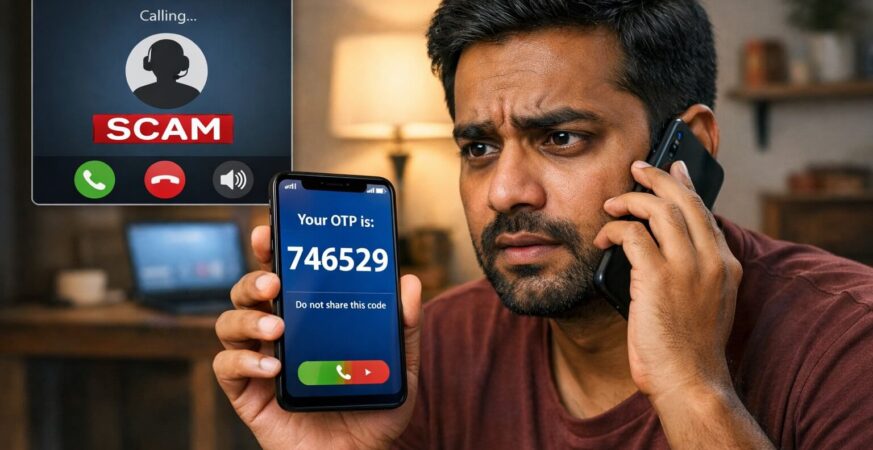 OTP स्कैम का उदाहरण जिसमें नकली कॉल और मोबाइल पर आए OTP मैसेज के जरिए फ्रॉड दिखाया गया है
