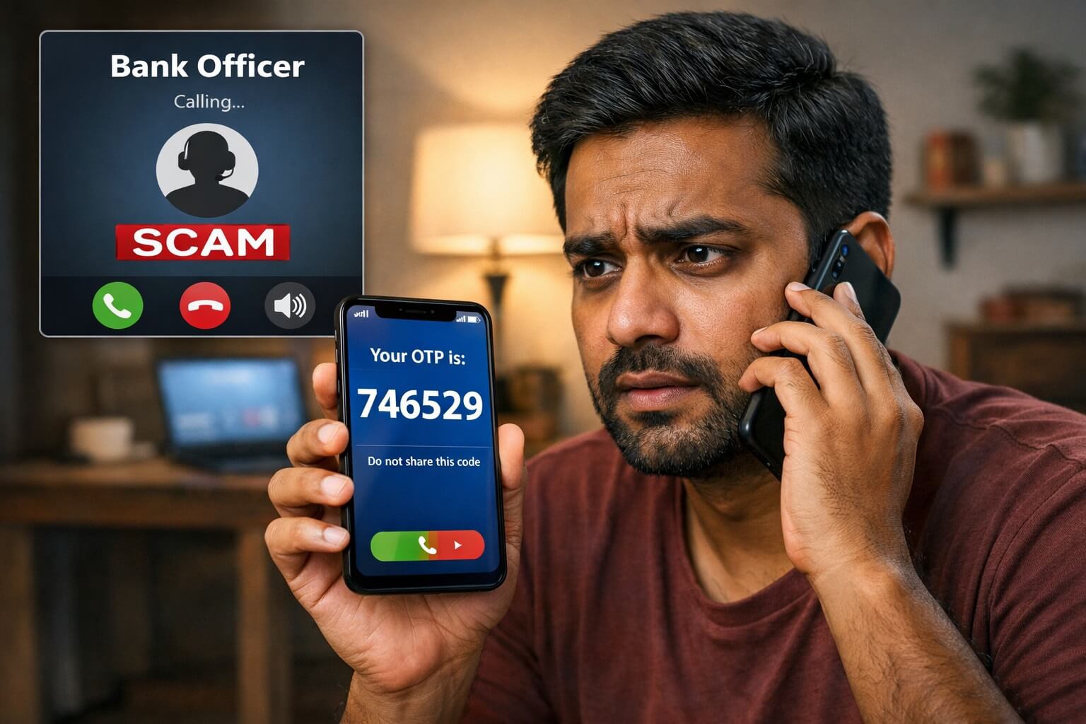 OTP स्कैम का उदाहरण जिसमें नकली कॉल और मोबाइल पर आए OTP मैसेज के जरिए फ्रॉड दिखाया गया है