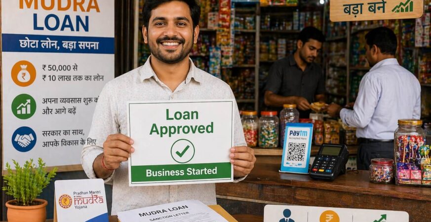 PM Mudra Loan Yojana के तहत छोटे व्यवसाय के लिए लोन प्राप्त करने वाला भारतीय दुकानदार