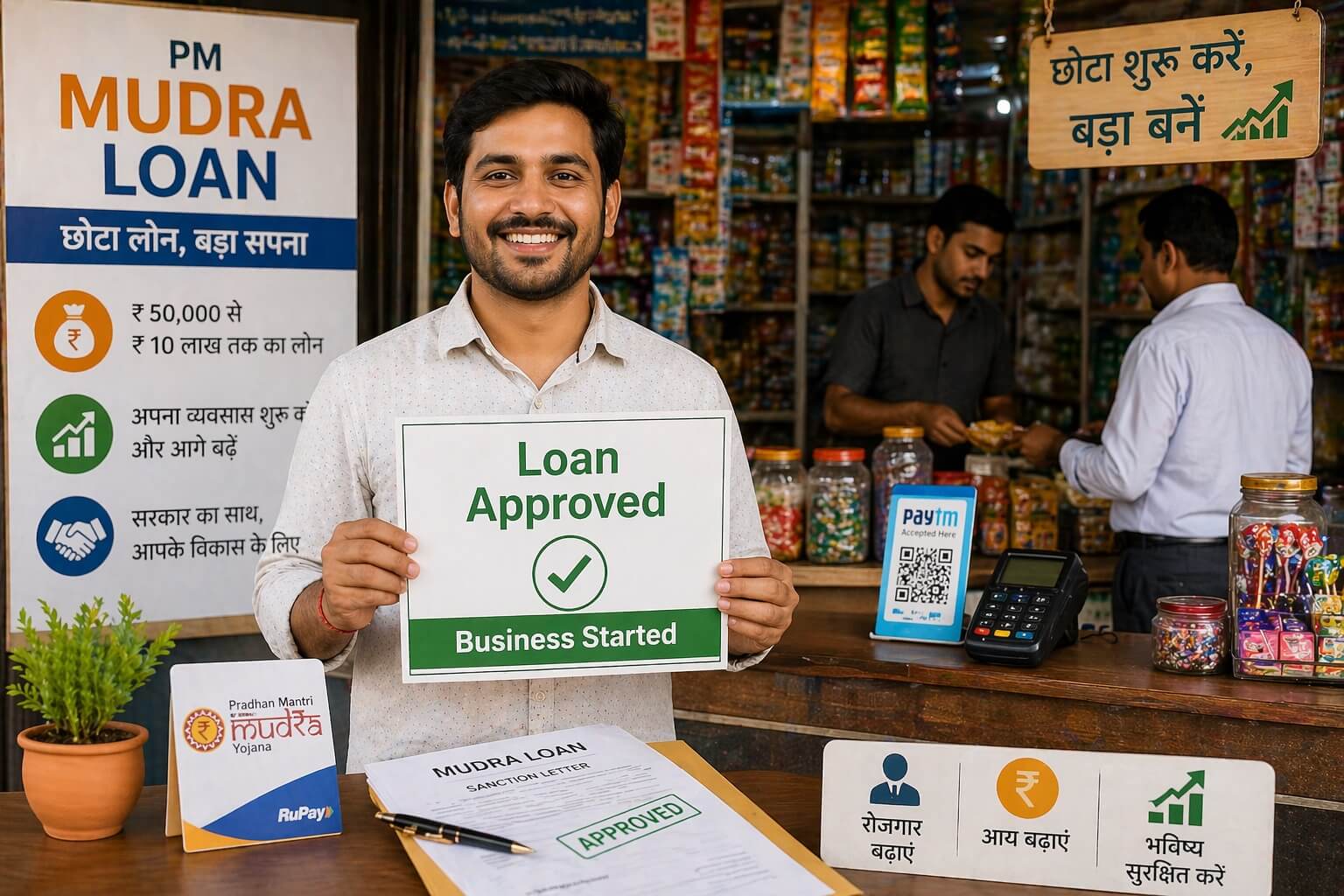 PM Mudra Loan Yojana के तहत छोटे व्यवसाय के लिए लोन प्राप्त करने वाला भारतीय दुकानदार