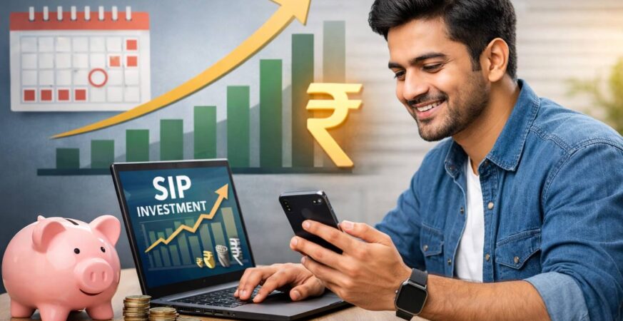 SIP investment kya hai aur kaise kaam karta hai Hindi guide with example showing mutual fund growth chart and monthly investment concept