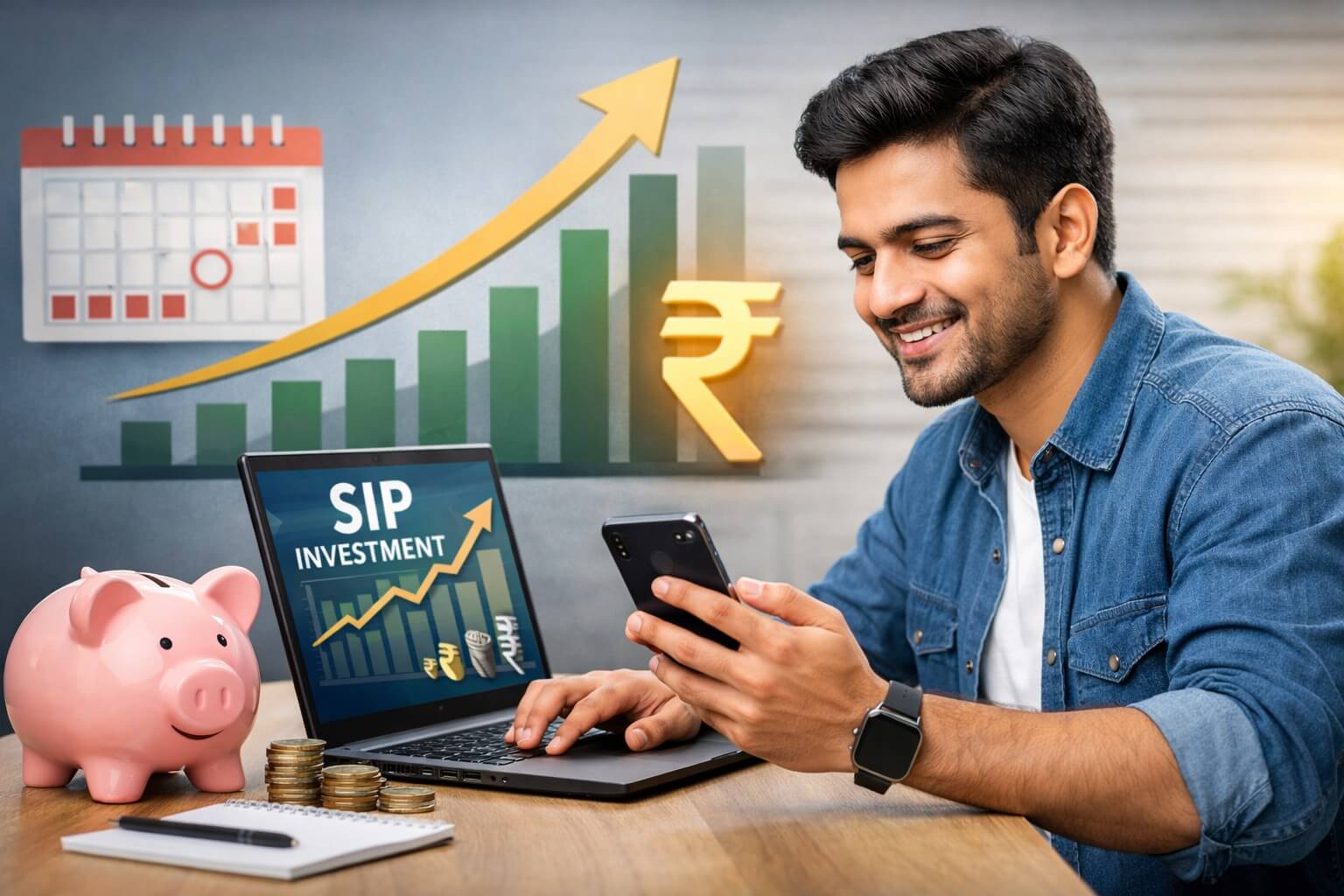 SIP investment kya hai aur kaise kaam karta hai Hindi guide with example showing mutual fund growth chart and monthly investment concept