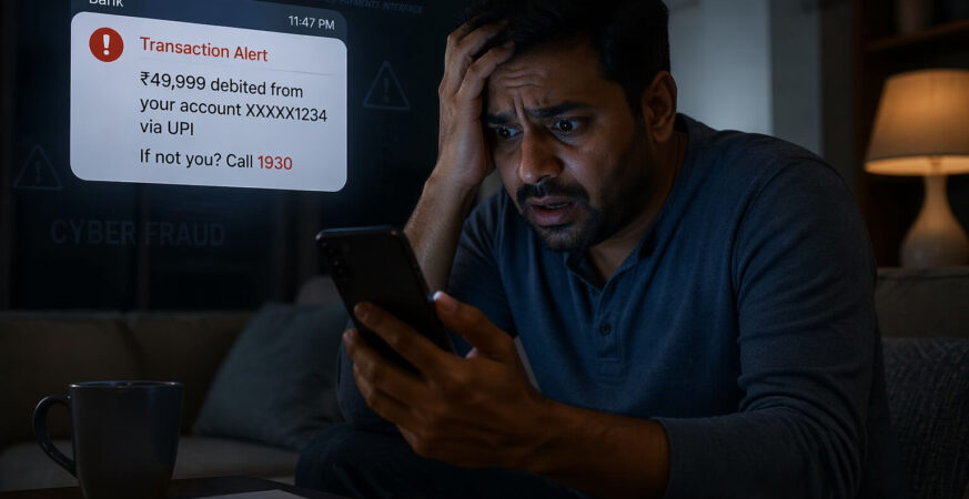 UPI fraud से परेशान व्यक्ति मोबाइल पर scam message देखते हुए