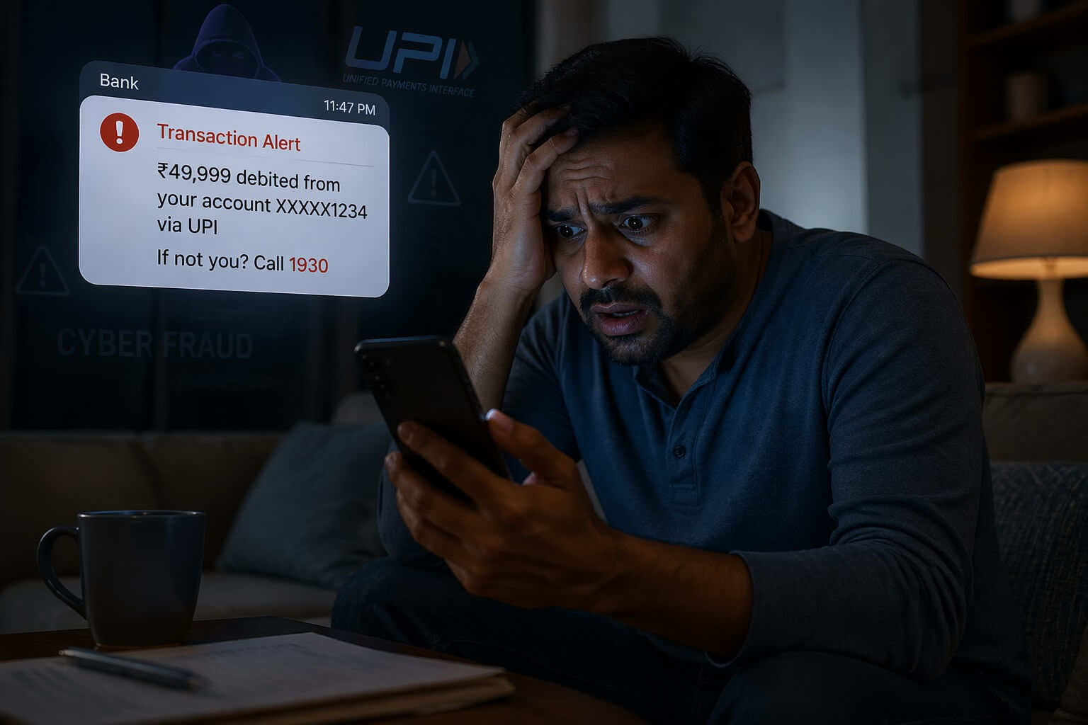 UPI fraud से परेशान व्यक्ति मोबाइल पर scam message देखते हुए