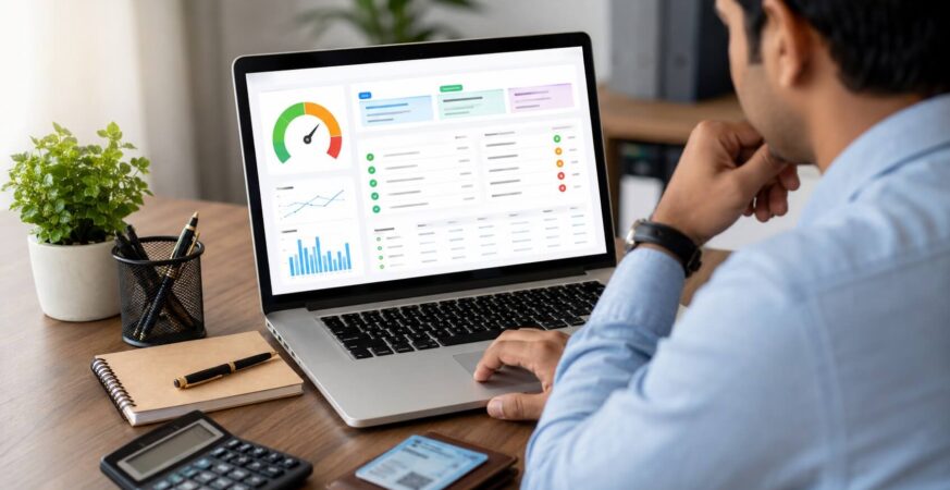 लैपटॉप पर CIBIL रिपोर्ट देखते हुए भारतीय व्यक्ति, जिसमें credit score, loan details और payment history दिखाई दे रही है।