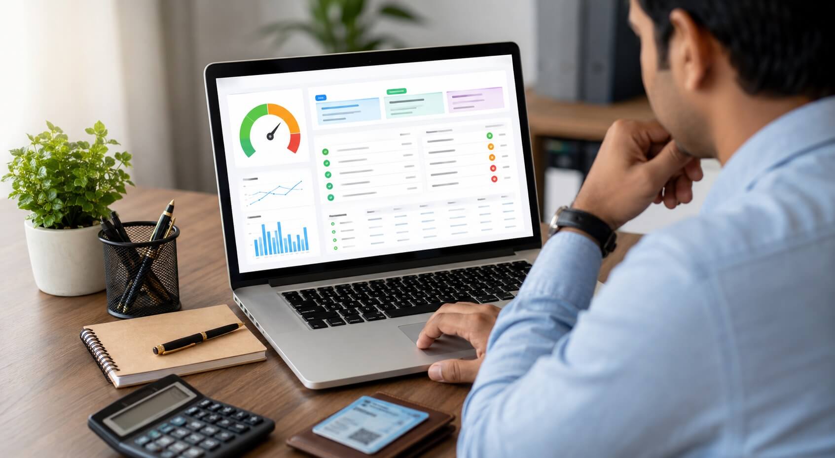 लैपटॉप पर CIBIL रिपोर्ट देखते हुए भारतीय व्यक्ति, जिसमें credit score, loan details और payment history दिखाई दे रही है।