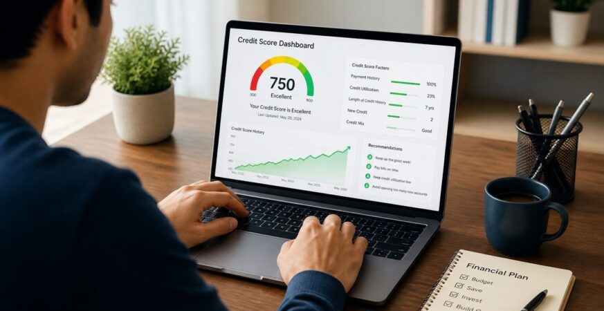 लैपटॉप पर credit score चेक करता व्यक्ति और credit history बनाने का concept