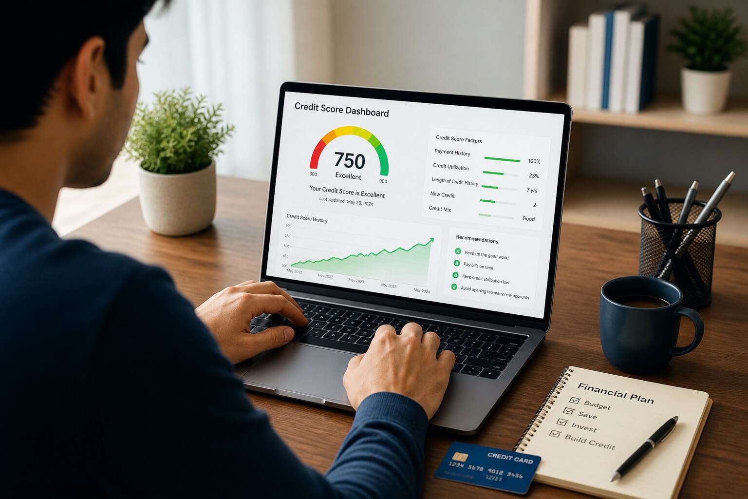 लैपटॉप पर credit score चेक करता व्यक्ति और credit history बनाने का concept