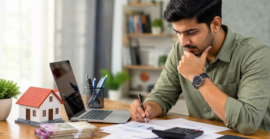भारतीय व्यक्ति घर के ऑफिस में दस्तावेज, कैलकुलेटर और लैपटॉप के साथ personal loan eligibility और वित्तीय योजना की जांच करते हुए