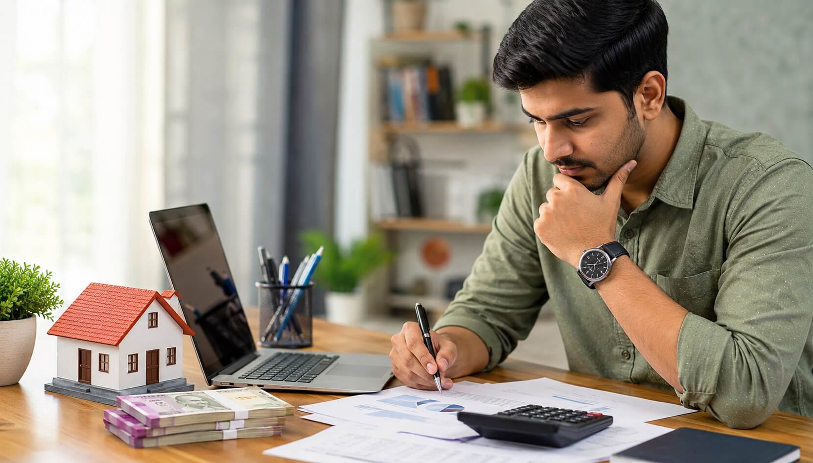 भारतीय व्यक्ति घर के ऑफिस में दस्तावेज, कैलकुलेटर और लैपटॉप के साथ personal loan eligibility और वित्तीय योजना की जांच करते हुए