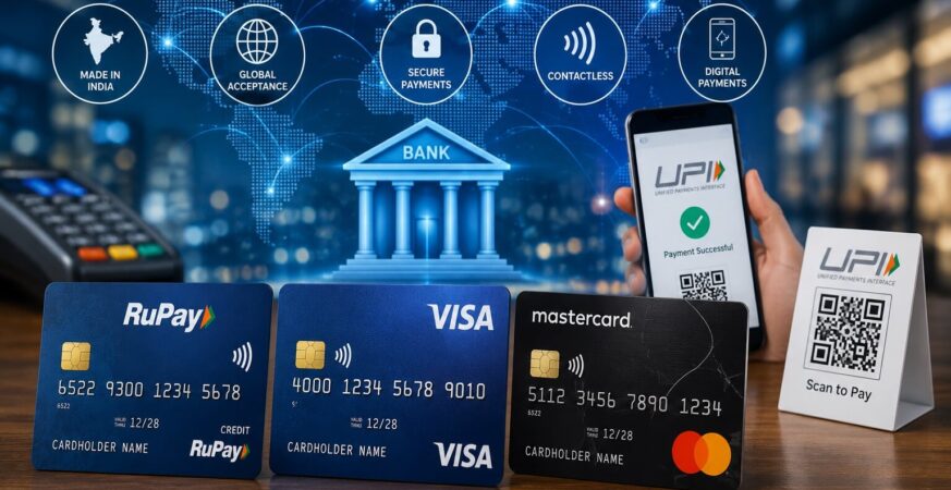 RuPay, Visa और Mastercard कार्ड नेटवर्क तुलना दर्शाती तस्वीर