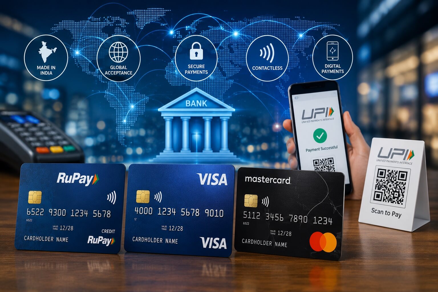 RuPay, Visa और Mastercard कार्ड नेटवर्क तुलना दर्शाती तस्वीर