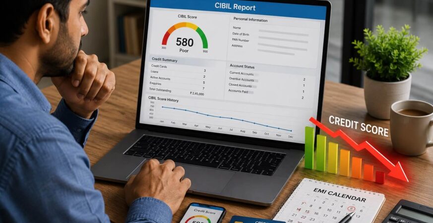CIBIL Score खराब होने के कारण दर्शाती हुई भारतीय वित्तीय अवधारणा की चित्रात्मक छवि