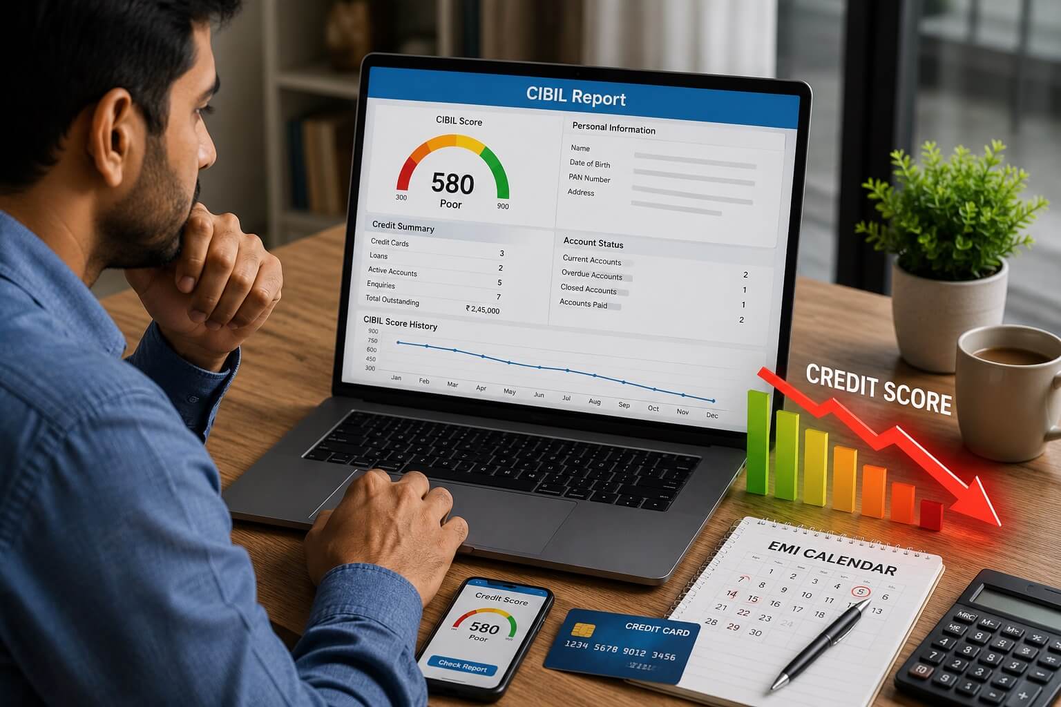 CIBIL Score खराब होने के कारण दर्शाती हुई भारतीय वित्तीय अवधारणा की चित्रात्मक छवि