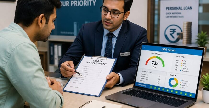 Loan Settlement का CIBIL Score पर असर समझाते हुए बैंक अधिकारी और Credit Report का चित्र।