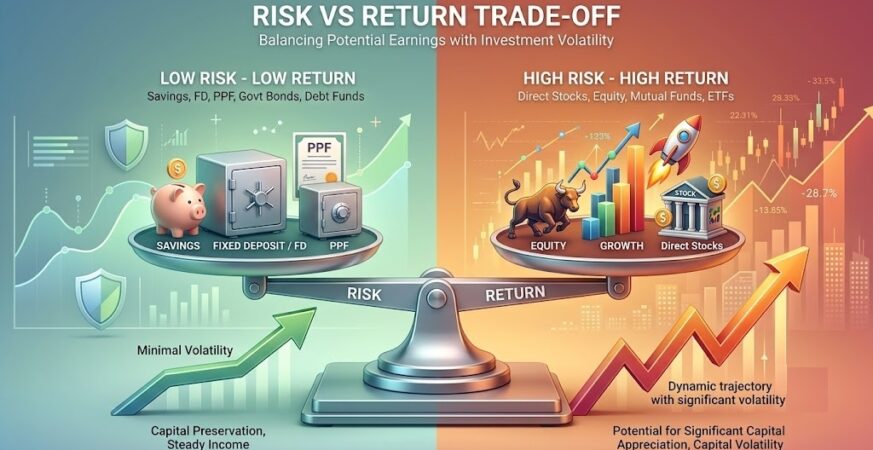 Risk vs Return क्या होता है - निवेश में जोखिम और रिटर्न का सही संतुलन समझाने वाला इन्फोग्राफिक