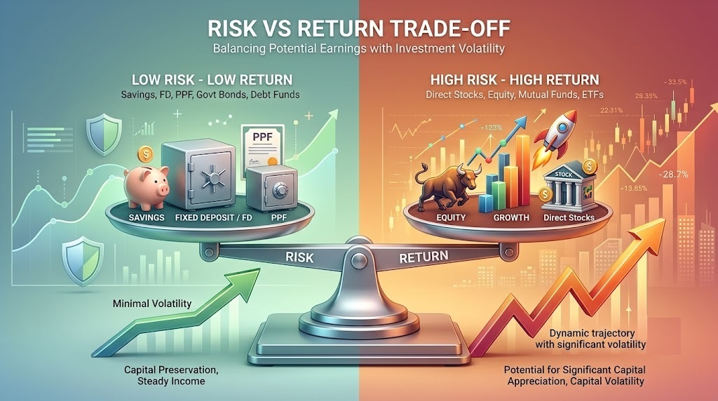 Risk vs Return क्या होता है - निवेश में जोखिम और रिटर्न का सही संतुलन समझाने वाला इन्फोग्राफिक