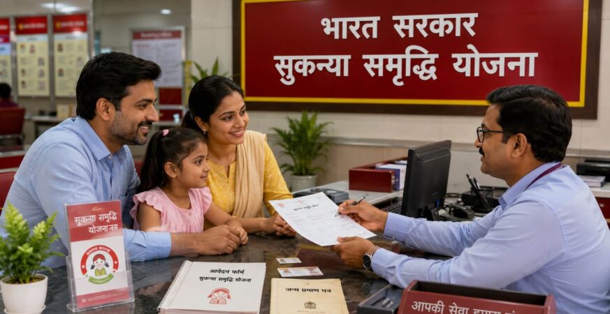 सुकन्या समृद्धि योजना के तहत बेटी के लिए बैंक में खाता खोलते हुए अभिभावक